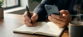 Close-up de mãos manuseando um celular e uma caneta sobre uma mesa de madeira em ambiente de escritório iluminado.