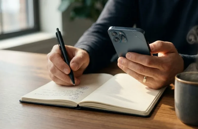 Close-up de mãos manuseando um celular e uma caneta sobre uma mesa de madeira em ambiente de escritório iluminado.