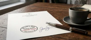 Documento médico com carimbo e assinatura sobre mesa de madeira em escritório jurídico em São Paulo.