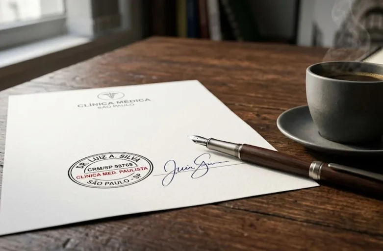 Documento médico com carimbo e assinatura sobre mesa de madeira em escritório jurídico em São Paulo.