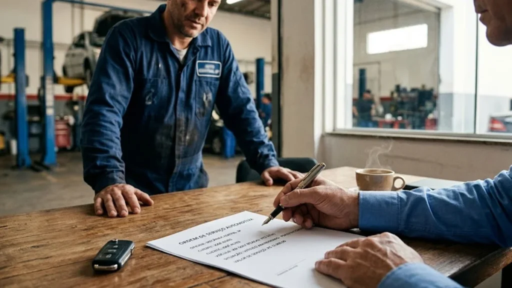 Advogado analisando contrato de prestação de serviços automotivos para resolver caso de veículo abandonado em oficina mecânica.