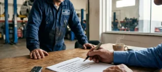 Advogado analisando contrato de prestação de serviços automotivos para resolver caso de veículo abandonado em oficina mecânica.