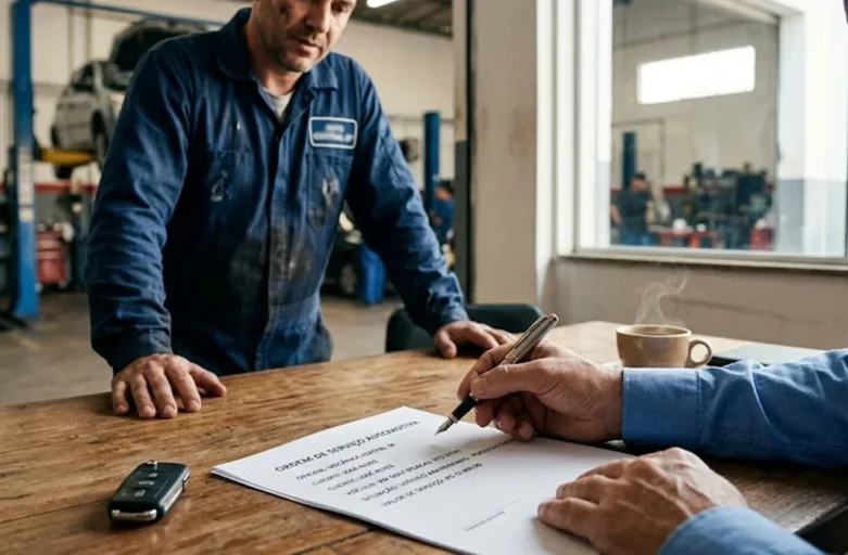 Advogado analisando contrato de prestação de serviços automotivos para resolver caso de veículo abandonado em oficina mecânica.