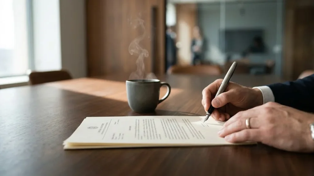 Documento de divórcio sendo assinado sobre mesa de madeira com iluminação natural, representando o suporte jurídico no processo consensual.