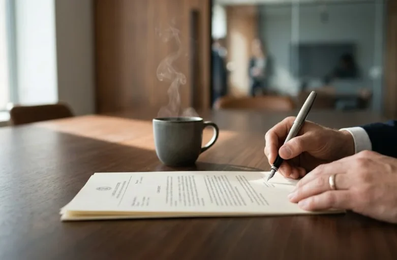 Documento de divórcio sendo assinado sobre mesa de madeira com iluminação natural, representando o suporte jurídico no processo consensual.