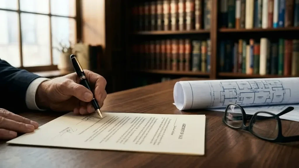 Mão de especialista assinando laudo técnico de avaliação de imóvel para partilha judicial sobre mesa de madeira.