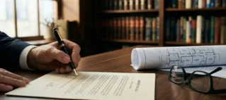 Mão de especialista assinando laudo técnico de avaliação de imóvel para partilha judicial sobre mesa de madeira.