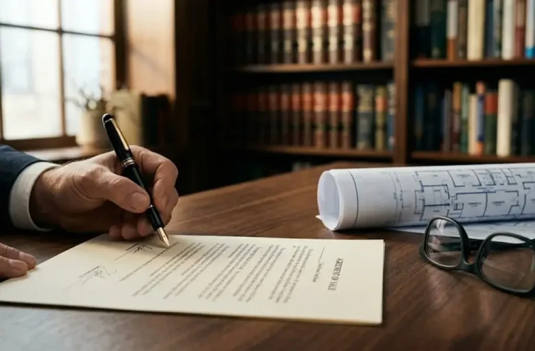 Mão de especialista assinando laudo técnico de avaliação de imóvel para partilha judicial sobre mesa de madeira.