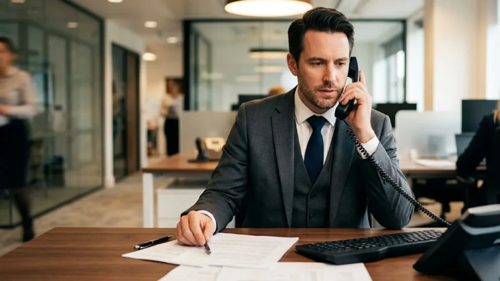 Profissional em escritório atendendo telefone de mesa com expressão séria durante o expediente, ilustrando situação de cobrança vexatória no ambiente de trabalho.
