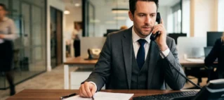 Profissional em escritório atendendo telefone de mesa com expressão séria durante o expediente, ilustrando situação de cobrança vexatória no ambiente de trabalho.