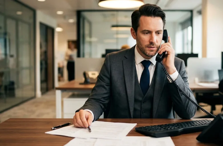 Profissional em escritório atendendo telefone de mesa com expressão séria durante o expediente, ilustrando situação de cobrança vexatória no ambiente de trabalho.