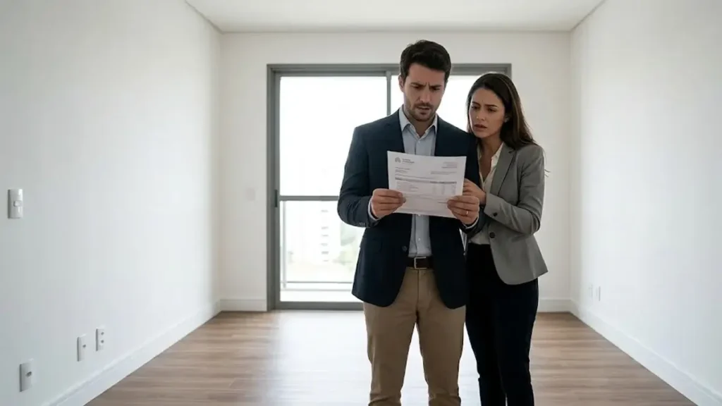 Foto de um casal surpreso e preocupado em um quarto vazio do seu novo apartamento em São Paulo, olhando para uma cobrança inesperada de condomínio antes de receberem as chaves
