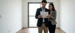 Foto de um casal surpreso e preocupado em um quarto vazio do seu novo apartamento em São Paulo, olhando para uma cobrança inesperada de condomínio antes de receberem as chaves