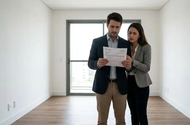 Foto de um casal surpreso e preocupado em um quarto vazio do seu novo apartamento em São Paulo, olhando para uma cobrança inesperada de condomínio antes de receberem as chaves