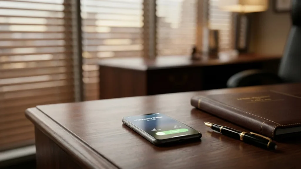 Mesa de escritório com smartphone recebendo ligação ao lado de pasta jurídica, ilustrando a análise de cobrança ilegal de dívida prescrita.