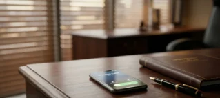 Mesa de escritório com smartphone recebendo ligação ao lado de pasta jurídica, ilustrando a análise de cobrança ilegal de dívida prescrita.