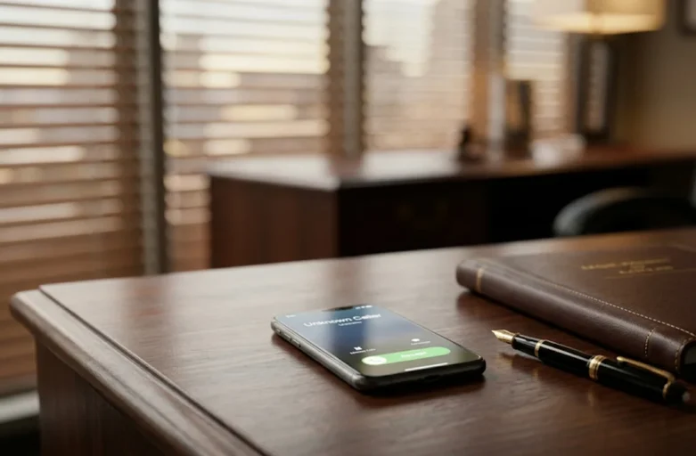 Mesa de escritório com smartphone recebendo ligação ao lado de pasta jurídica, ilustrando a análise de cobrança ilegal de dívida prescrita.