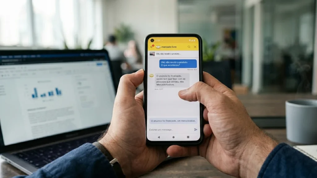 Consumidor em São Paulo analisando prova de golpe em anúncio de marketplace no smartphone para buscar indenização judicial.