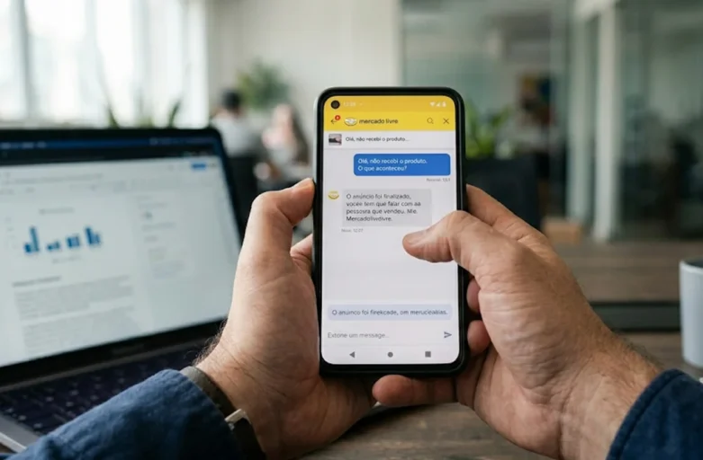 Consumidor em São Paulo analisando prova de golpe em anúncio de marketplace no smartphone para buscar indenização judicial.