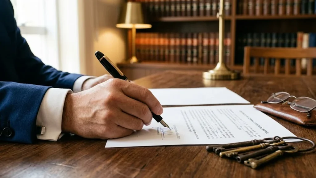 Advogado assinando contrato de locação de imóvel para fins religiosos sobre mesa de madeira em escritório profissional.