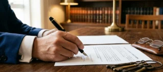 Advogado assinando contrato de locação de imóvel para fins religiosos sobre mesa de madeira em escritório profissional.