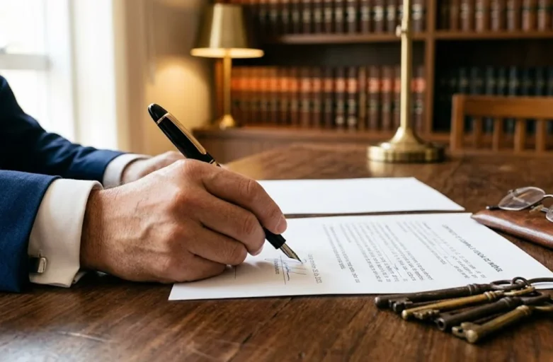 Advogado assinando contrato de locação de imóvel para fins religiosos sobre mesa de madeira em escritório profissional.