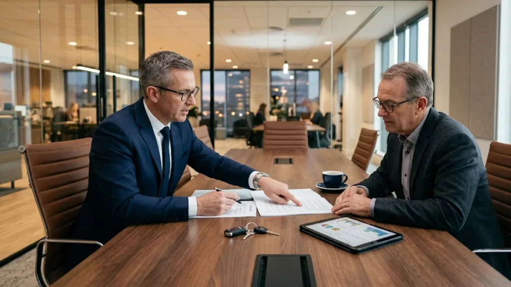 Advogado especialista orientando cliente sobre as cláusulas e riscos financeiros de um contrato de compra, venda e financiamento de veículo em São Paulo.