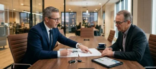 Advogado especialista orientando cliente sobre as cláusulas e riscos financeiros de um contrato de compra, venda e financiamento de veículo em São Paulo.
