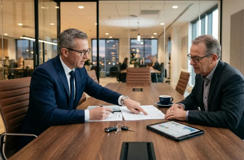 Advogado especialista orientando cliente sobre as cláusulas e riscos financeiros de um contrato de compra, venda e financiamento de veículo em São Paulo.