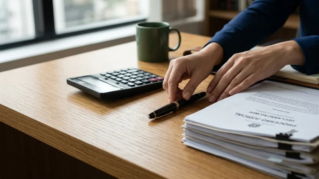Homem organizando documentos e calculadora sobre mesa de madeira para declaração de imposto de renda de pensão alimentícia.