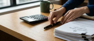Homem organizando documentos e calculadora sobre mesa de madeira para declaração de imposto de renda de pensão alimentícia.