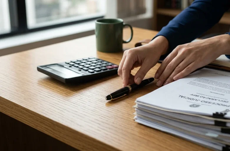 Homem organizando documentos e calculadora sobre mesa de madeira para declaração de imposto de renda de pensão alimentícia.