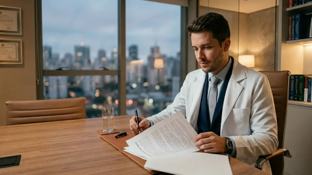 Médico residente com jaleco branco analisa documentos contratuais sobre mesa de madeira em escritório moderno com iluminação acolhedora em São Paulo.