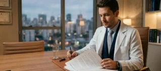 Médico residente com jaleco branco analisa documentos contratuais sobre mesa de madeira em escritório moderno com iluminação acolhedora em São Paulo.