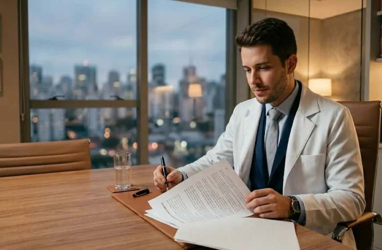 Médico residente com jaleco branco analisa documentos contratuais sobre mesa de madeira em escritório moderno com iluminação acolhedora em São Paulo.