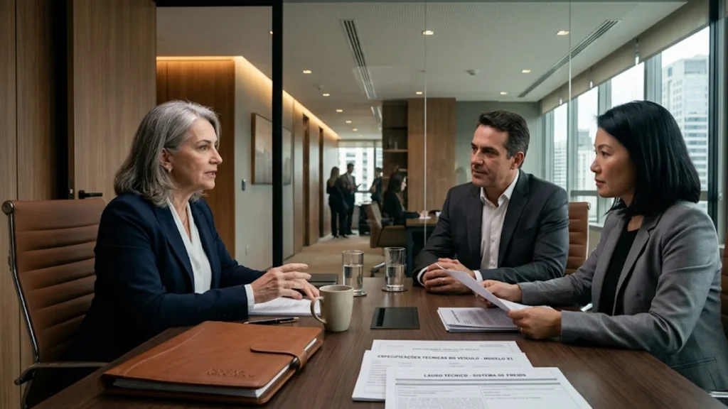 Documentação técnica de veículo e pasta jurídica sobre mesa de reuniões em escritório corporativo moderno, ilustrando direitos do consumidor sobre carros depreciados em estoque.