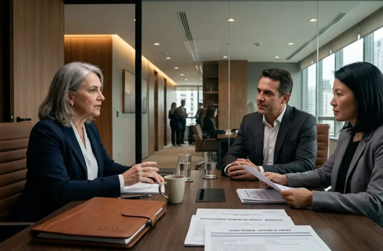 Documentação técnica de veículo e pasta jurídica sobre mesa de reuniões em escritório corporativo moderno, ilustrando direitos do consumidor sobre carros depreciados em estoque.