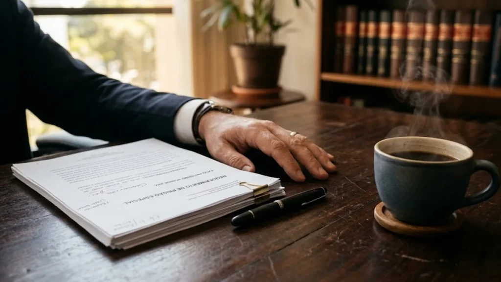 Mesa de escritório jurídico em São Paulo com documentos sobre o direito à cela especial e prerrogativas legais.