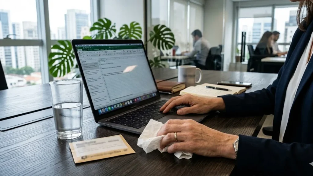Profissional em escritório demonstrando sinais de indisposição física ao lado de um notebook, representando o dilema de trabalhar doente.