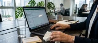 Profissional em escritório demonstrando sinais de indisposição física ao lado de um notebook, representando o dilema de trabalhar doente.