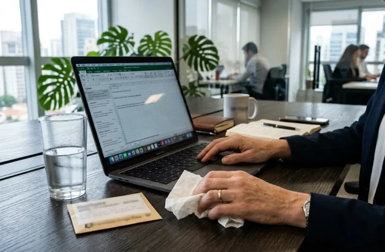 Profissional em escritório demonstrando sinais de indisposição física ao lado de um notebook, representando o dilema de trabalhar doente.
