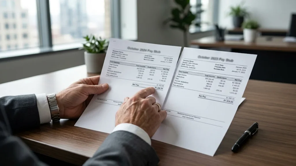 Close de mãos comparando documentos de rendimentos sobre mesa de escritório, representando análise de equiparação salarial.