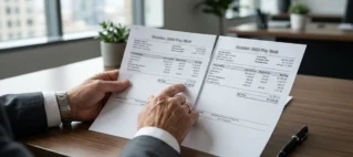 Close de mãos comparando documentos de rendimentos sobre mesa de escritório, representando análise de equiparação salarial.