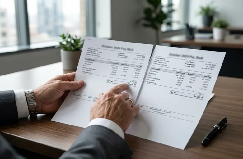 Close de mãos comparando documentos de rendimentos sobre mesa de escritório, representando análise de equiparação salarial.