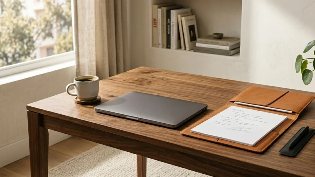 Escrivaninha de madeira organizada com pasta de documentos jurídicos e notebook, representando a gestão legal e profissional de contratos de trabalho doméstico em São Paulo.