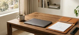 Escrivaninha de madeira organizada com pasta de documentos jurídicos e notebook, representando a gestão legal e profissional de contratos de trabalho doméstico em São Paulo.