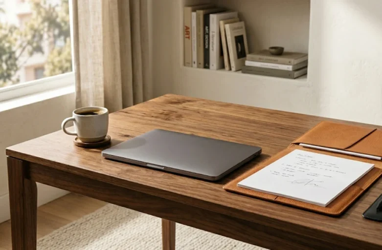 Escrivaninha de madeira organizada com pasta de documentos jurídicos e notebook, representando a gestão legal e profissional de contratos de trabalho doméstico em São Paulo.