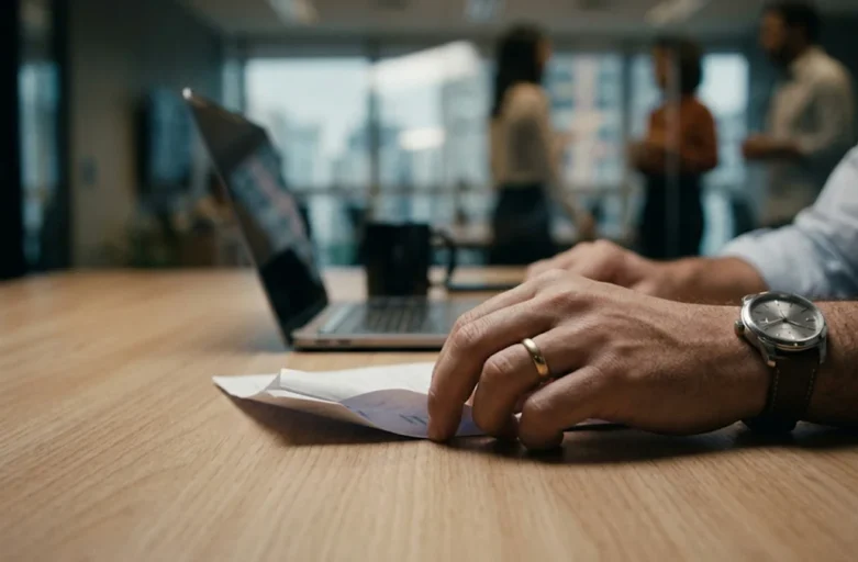 Close-up da mão de um gestor de RH segurando um atestado médico sobre uma mesa de madeira em escritório em São Paulo, questionando a validade jurídica.