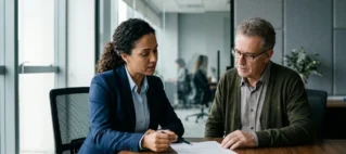 Advogado prestando consultoria em escritório moderno explicando direitos sobre negativação indevida de crédito.