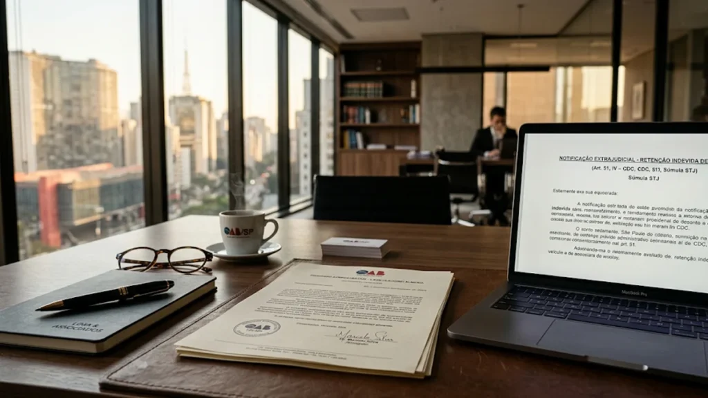 Advogado em ambiente de escritório analisando documento sobre retenção de veículo em oficina.